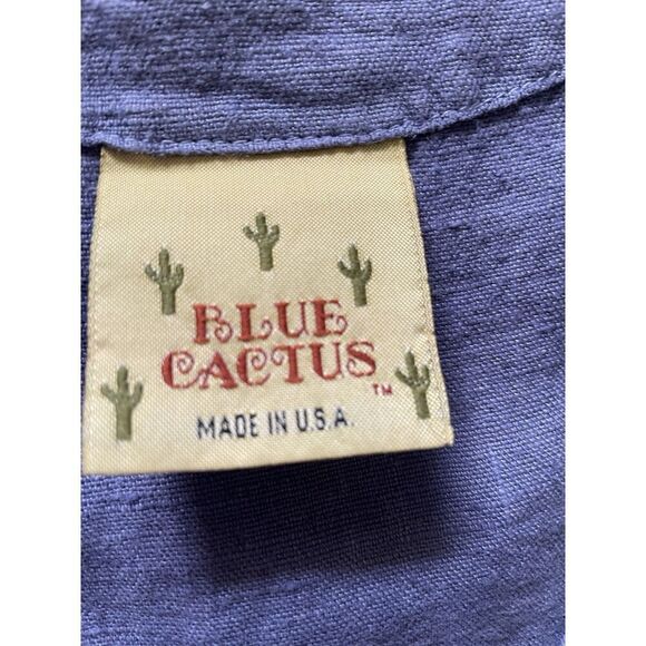 Vintage Blue Cactus Linen Dress Made in USA Boho Painted Print Drop Waist M/L - Picture 2 of 7